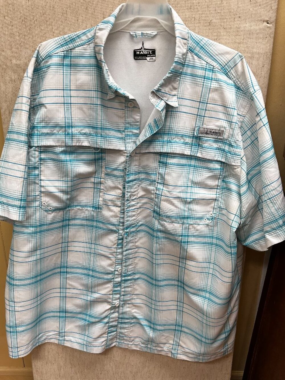 Habit Men’s Teal & White Plaid Short-Sleeve Fishing Guide Shirt